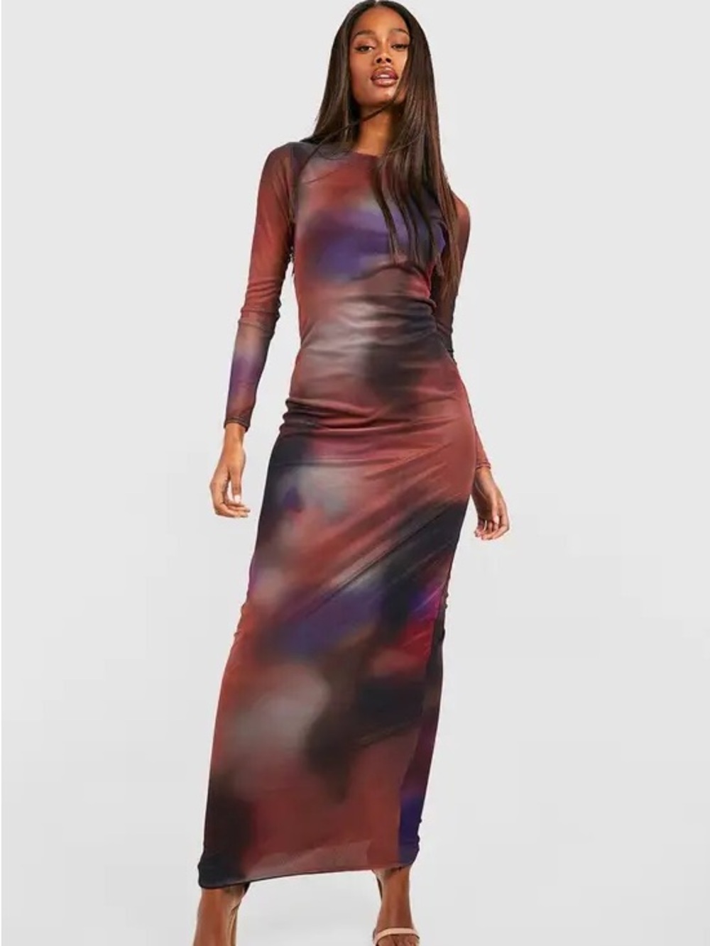 Boohoo Multicolor Blurred Print Long Sleeve Maxi Dress